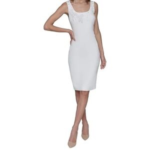 KARL LAGERFELD PARIS Scoop Neck Beaded Bow Scuba Crepe Sheath Dress
